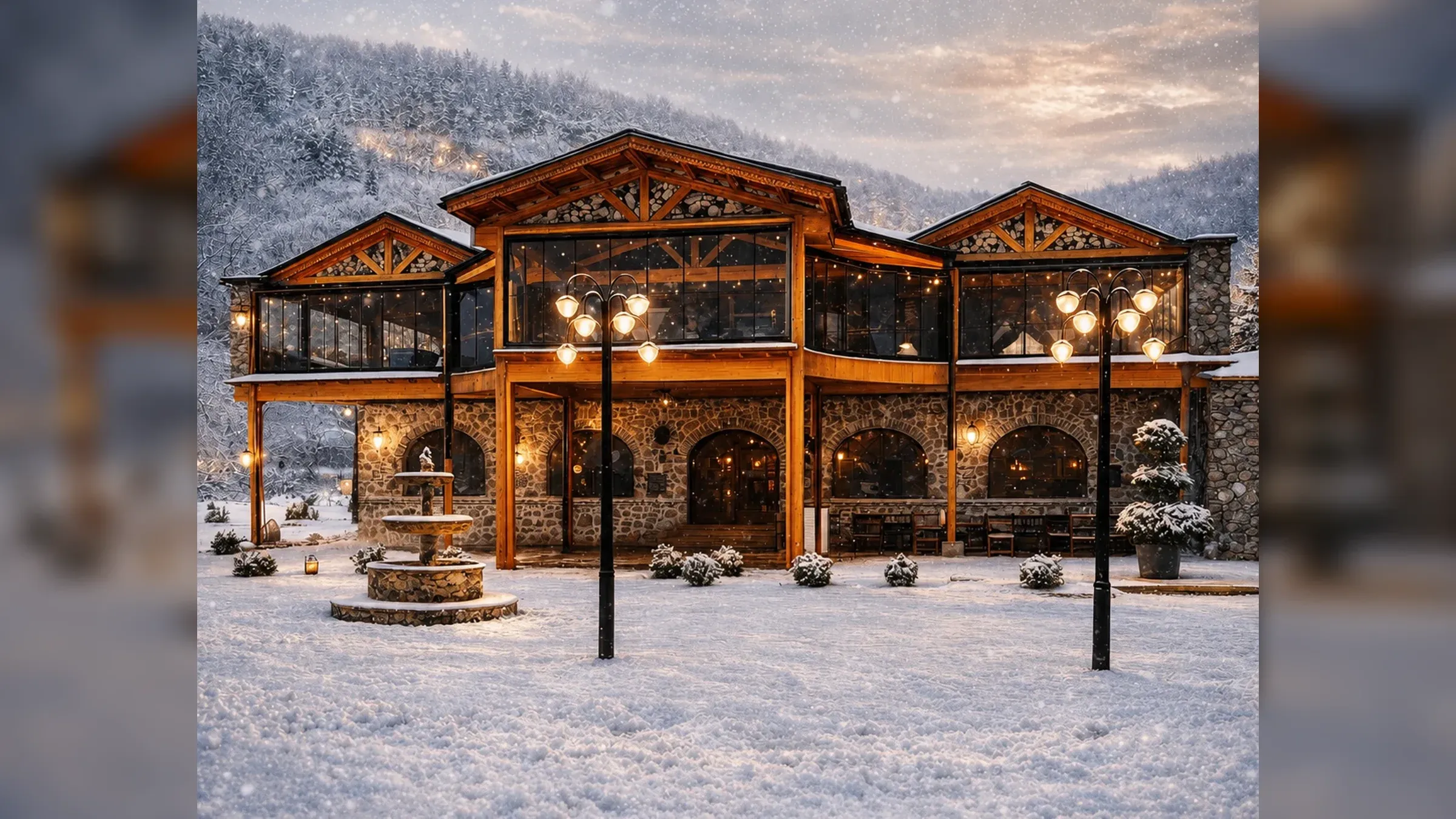 Kış atmosferinde Sürmelim Gurme taş restoran dış görünümü