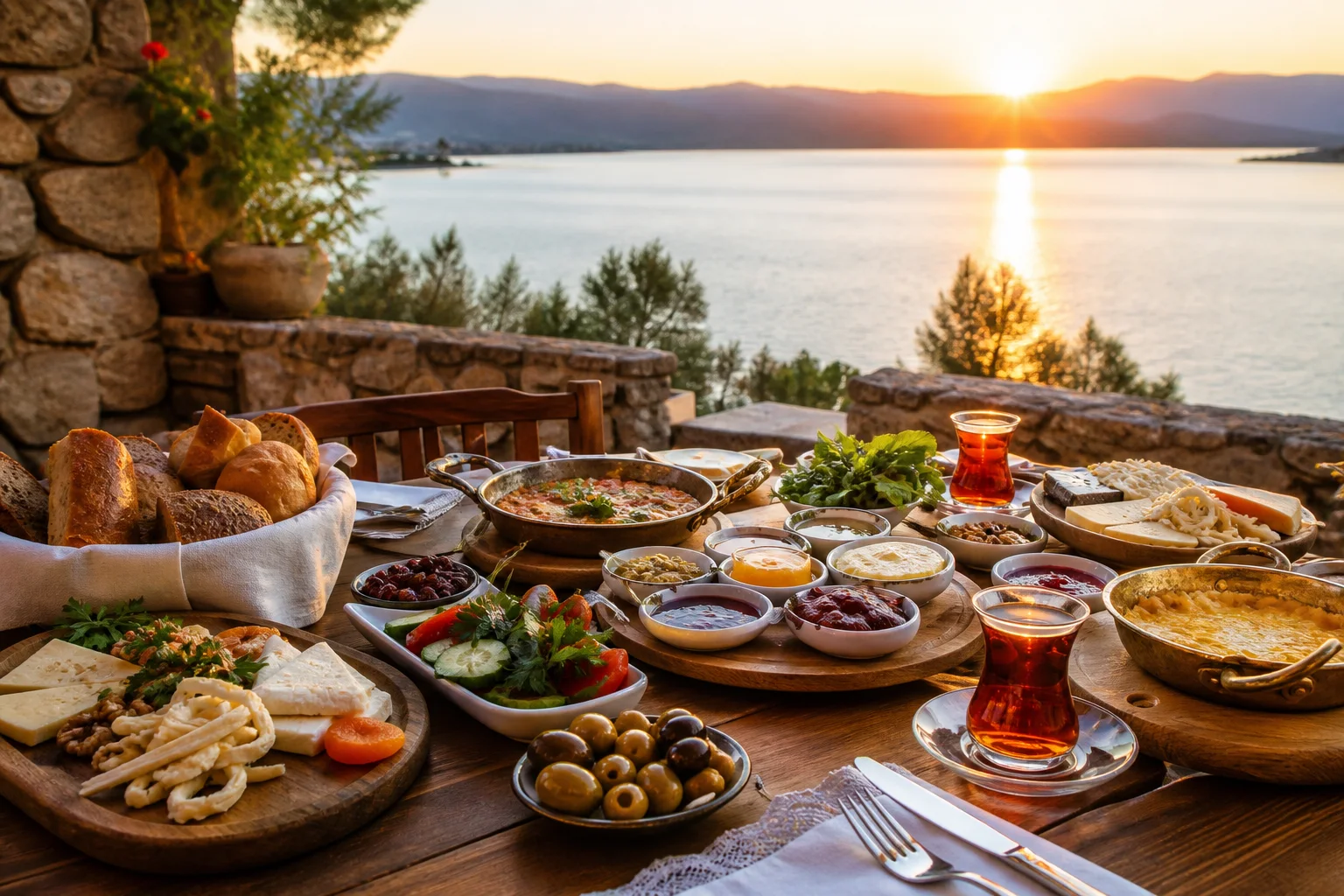 Hazar Gölü manzarası eşliğinde Sürmelim Gurme kahvaltı sofrası